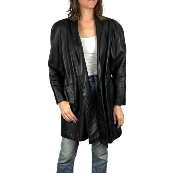 WINLIT VINTAGE 80’S BLACK SOFT LEATHER SWING OVERSIZED MIDI LEATHER JACKET - Picture 1 of 16